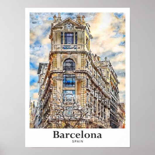 Barcelona Spanje Reizen Waterverf Hand getekend Poster (Voorkant)