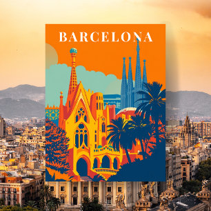 Barcelona Spanje Retro Reisillustratie Briefkaart