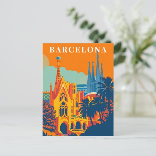 Barcelona Spanje Retro Reizen Illustratie Briefkaart (Staand voorkant)