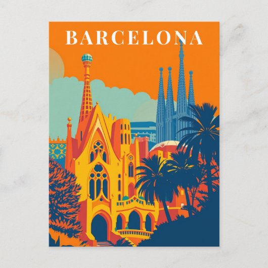 Barcelona Spanje Retro Reizen Illustratie Briefkaart (Voorkant)