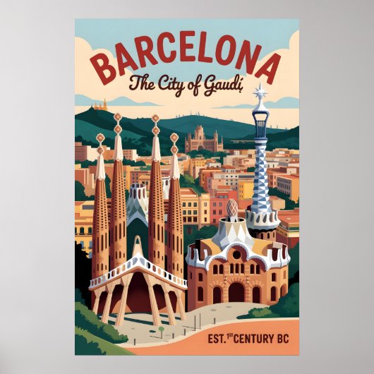 Barcelona Spanje Retro Silhouette Stadslandschap R Poster (Voorkant)