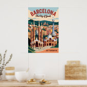 Barcelona Spanje Retro Silhouette Stadslandschap R Poster (Keuken)