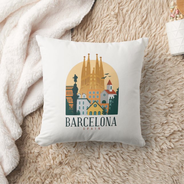 Barcelona Spanje Skyline Vintage Kussen (Deken)