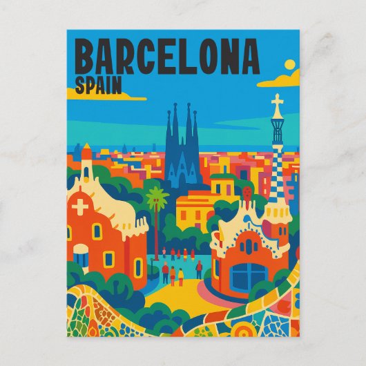 Barcelona Spanje Vintage Gaudi Stad Briefkaart (Voorkant)