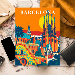 Barcelona Spanje Vintage Reisillustratie Briefkaart