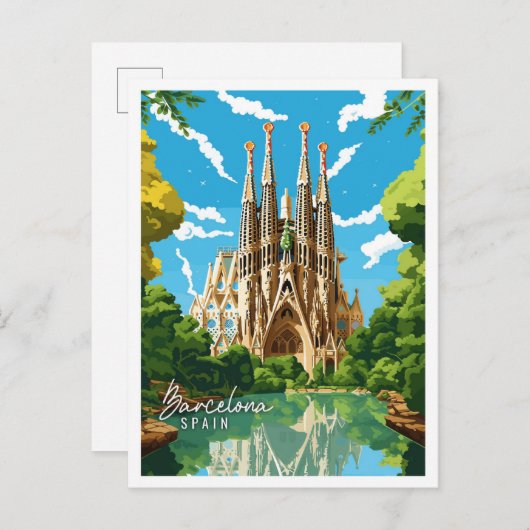 Barcelona Spanje vintage reisillustratie Briefkaart (Voorkant / Achterkant)