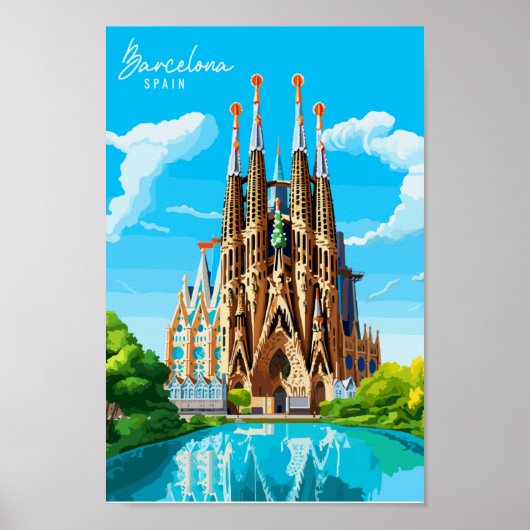 Barcelona Spanje vintage reisillustratie Poster (Voorkant)