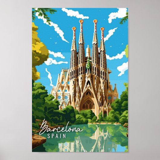 Barcelona Spanje vintage reisillustratie Poster (Voorkant)