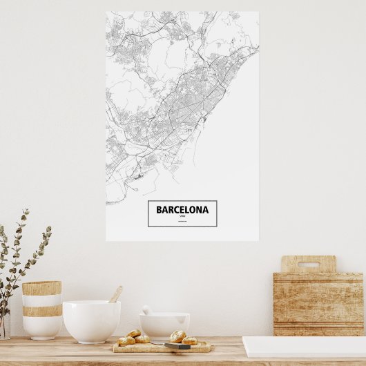 Barcelona, Spanje (zwart op wit) Poster (Keuken)