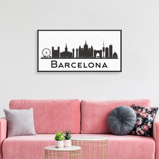Barcelona, Spanje | Zwarte en witte veldlijn Canvas Afdruk (Insitu (Woonkamer))