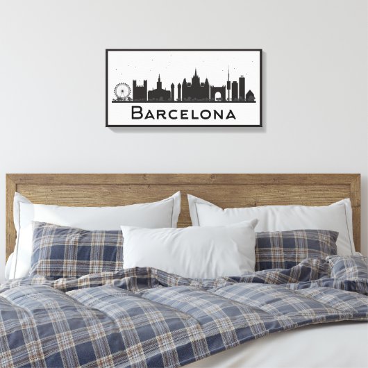 Barcelona, Spanje | Zwarte en witte veldlijn Canvas Afdruk (Insitu (Slaapkamer))