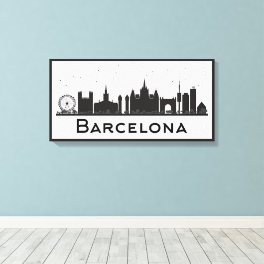 Barcelona, Spanje | Zwarte en witte veldlijn Canvas Afdruk (Insitu (Houten vloer))