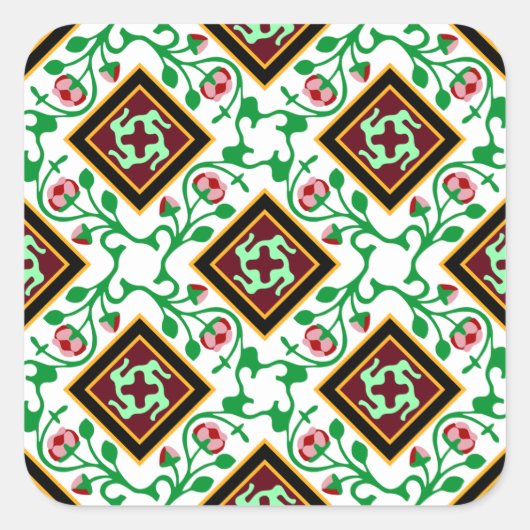 Barcelona tegel rood floraalpatroon vierkante sticker (Voorkant)