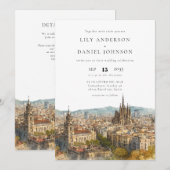 Barcelona Watercolor QR Code Huwelijk Kaart (Voorkant / Achterkant)