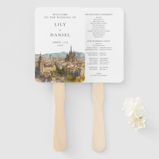 Barcelona Watercolor Wedding Program Handwaaier (Voorkant en achterkant)