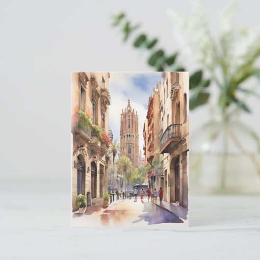 Barcelona waterverf kunst briefkaart (Staand voorkant)