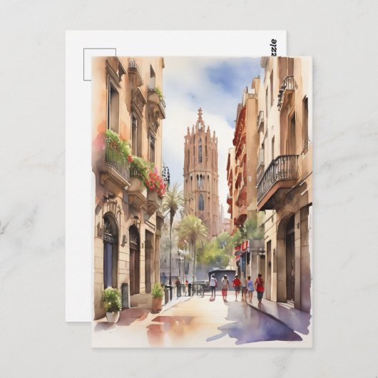 Barcelona waterverf kunst briefkaart (Voorkant / Achterkant)