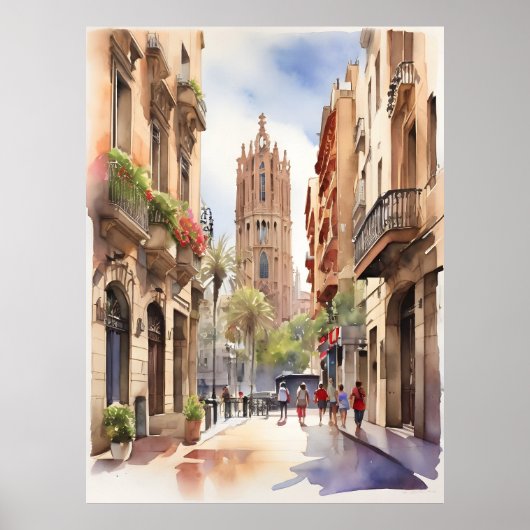 Barcelona waterverf kunst poster (Voorkant)