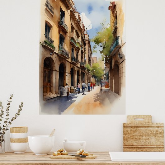 Barcelona waterverf kunst poster (Keuken)