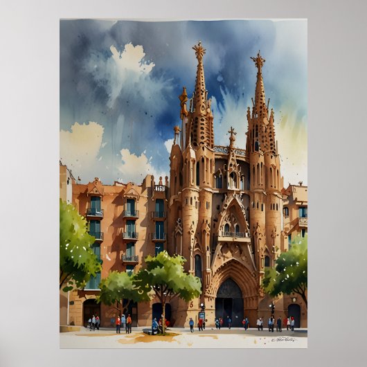 Barcelona waterverf kunst poster (Voorkant)