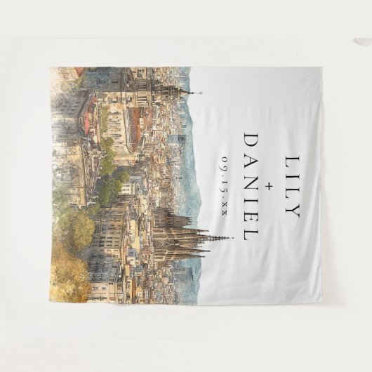 Barcelona Wedding Photo Backdrop Wandkleed (Voorkant (horizontaal))