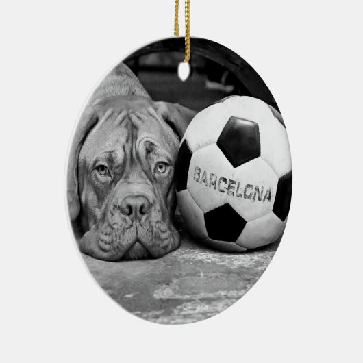 Barcelona's soccer fanatic dog. Barcelona, Spain Keramisch Ornament (Rechts)
