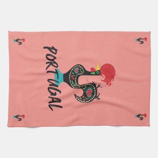 Barcelos Haan, Portugees Symbool op roze Theedoek (Horizontaal)