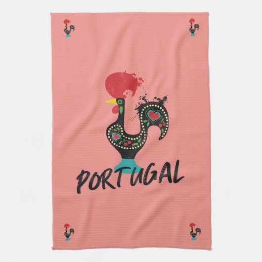 Barcelos Haan, Portugees Symbool op roze Theedoek (Verticaal)