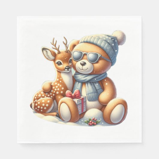 Bärchen und sein Rehkitz im Schnee Servet (Voorkant)