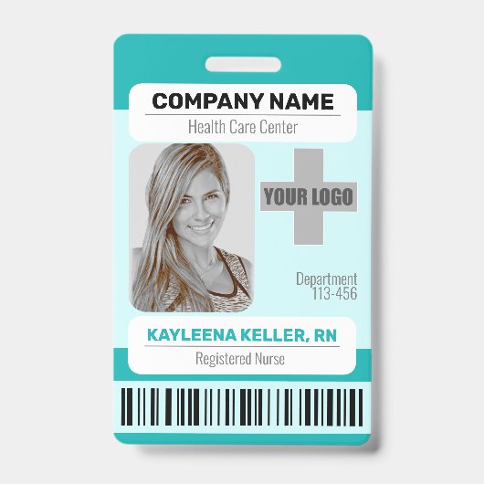 Barcode ID-foto sjabloon Teal groen medisch person Badge (Voorzijde)