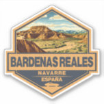 Bardenas Reales Spanje Travel Art Badge Sticker<br><div class="desc">Bardenas Reales gedaan in een stijl embleem. De Bardenas Reales is een semi-woestijn natuurlijke regio, of badlands, van ongeveer 42.000 hectare in het zuidoosten van Navarra.</div>