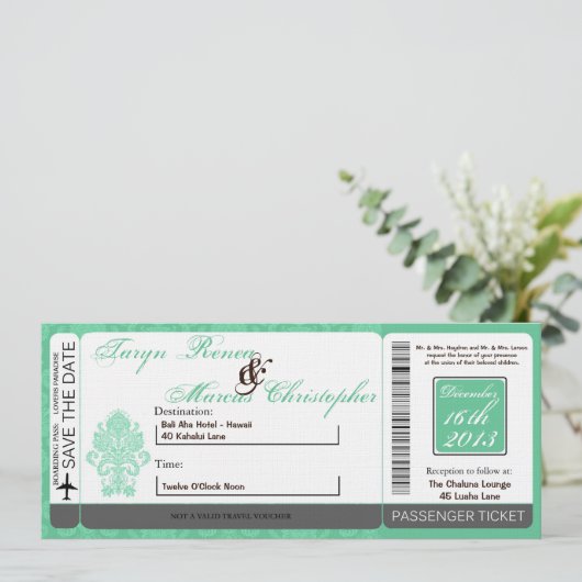 Barding Pass Linen Wedding Invitation Damask Mint Kaart (Staand voorkant)