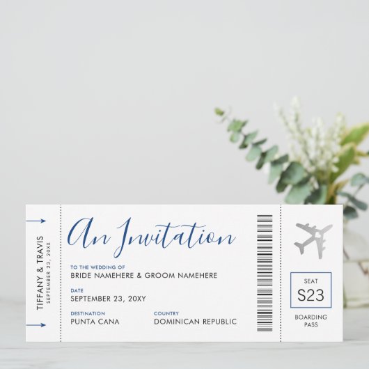 Barding Pass Plane Ticket Destination Wedding Kaart (Staand voorkant)