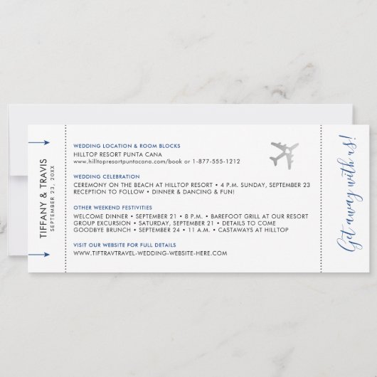 Barding Pass Plane Ticket Destination Wedding Kaart (Achterkant)