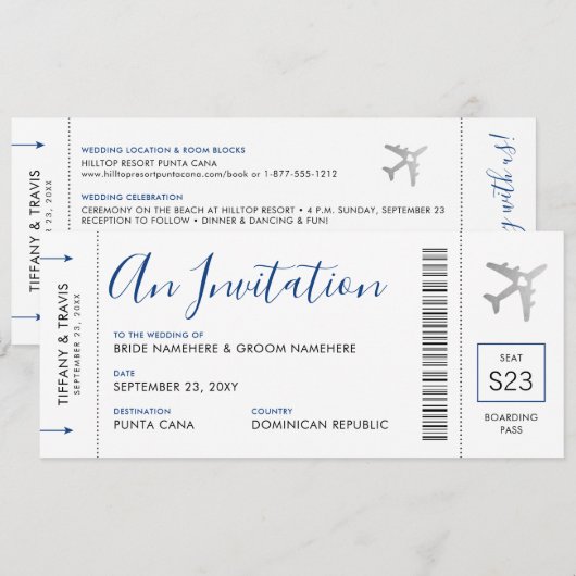 Barding Pass Plane Ticket Destination Wedding Kaart (Voorkant / Achterkant)