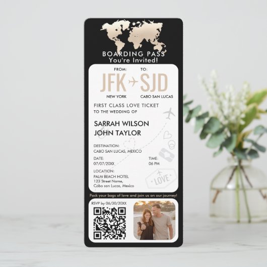 Barding Pass Plane Ticket Destination Wedding Kaart (Staand voorkant)