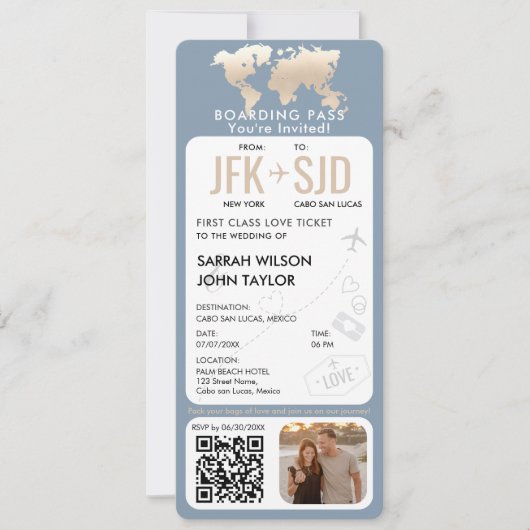 Barding Pass Plane Ticket Destination Wedding Kaart (Voorkant)