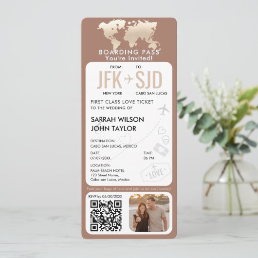 Barding Pass Plane Ticket Destination Wedding Kaart (Staand voorkant)