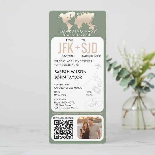 Barding Pass Plane Ticket Destination Wedding Kaart (Staand voorkant)
