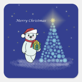 Bärenkind neben dem Weihnachtsbaum Vierkante Sticker