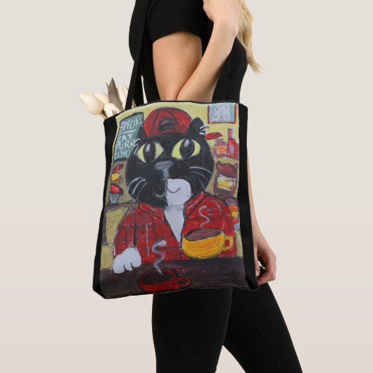 Barista Cat Folk Art Character Coffee Fun Tote Bag (Dichtbij)