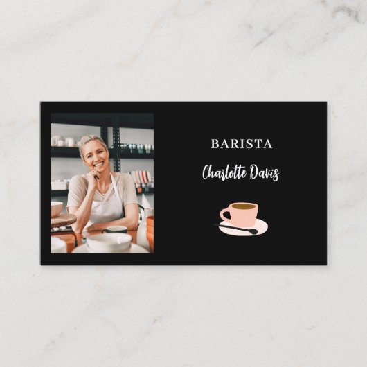 Barista zwart wit foto QR code Visitekaartje (Voorkant)