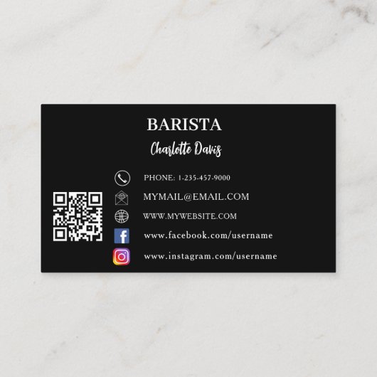 Barista zwarte foto QR code koffiekopje Visitekaartje (Achterkant)