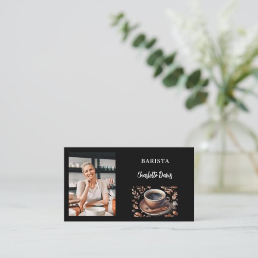 Barista zwarte foto QR code koffiekopje Visitekaartje (Staand voorkant)
