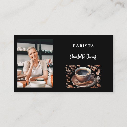 Barista zwarte foto QR code koffiekopje Visitekaartje (Voorkant)
