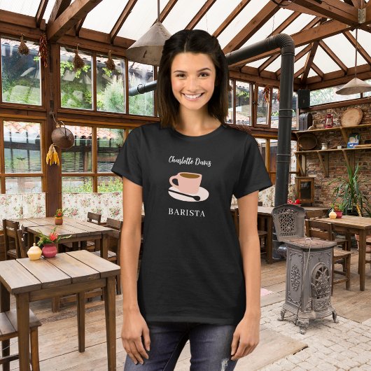 Barista zwarte witte kop koffie naam script t-shirt