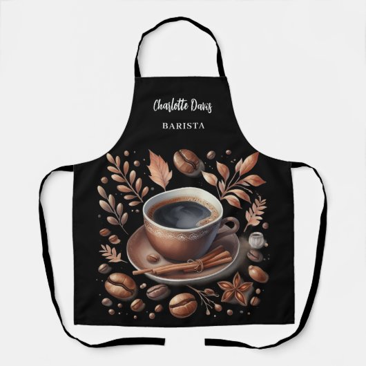 Barista zwarte witte kop koffiebonen naam script schort (Voorkant)