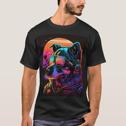 Bark voor de Toekomst: Synthwave Dog 80 grafische T-shirt (Voorkant)