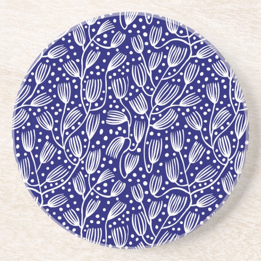 Barkcloth Style Pattern - Wit op Donkerblauw Zandsteen Onderzetter (Voorkant)