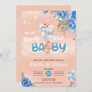 Barly Wachten Blauw Teddy Bear Baby shower Uitnodi Kaart